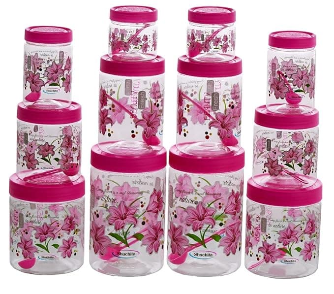 Plastic Kitchen Jars And Containers Set, Airtight Heavy Quality Printed Design Container Set With Spoons, Grocery Box with Different Capacities (Set of 12) (Pink)