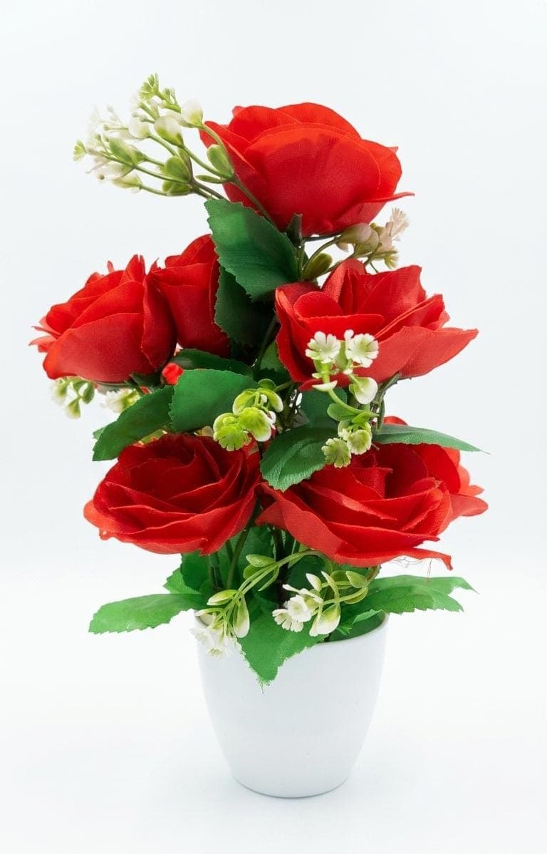 Artificial Flower Pot for Home Decor | Premium Plastic Plant with White Pot Rose Artificial Flower