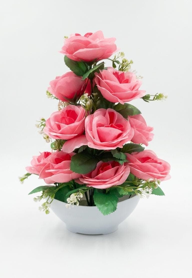 Artificial Rose Flower Pot for Home Decor | Premium Plastic Plant with White Pot light Rose Artificial Flower