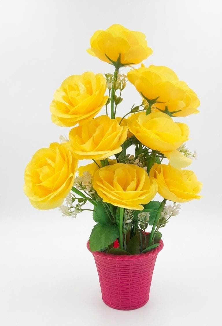 Artificial Flower Pot for Home Decor | Premium Plastic Plant with White Pot Yellow Artificial Flower