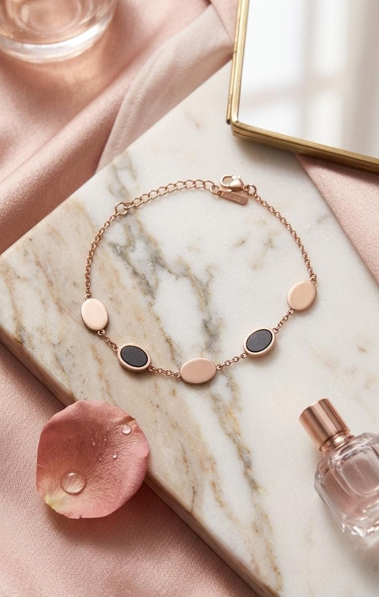 Black Stone Studded Rose Gold Minimal Bracelet